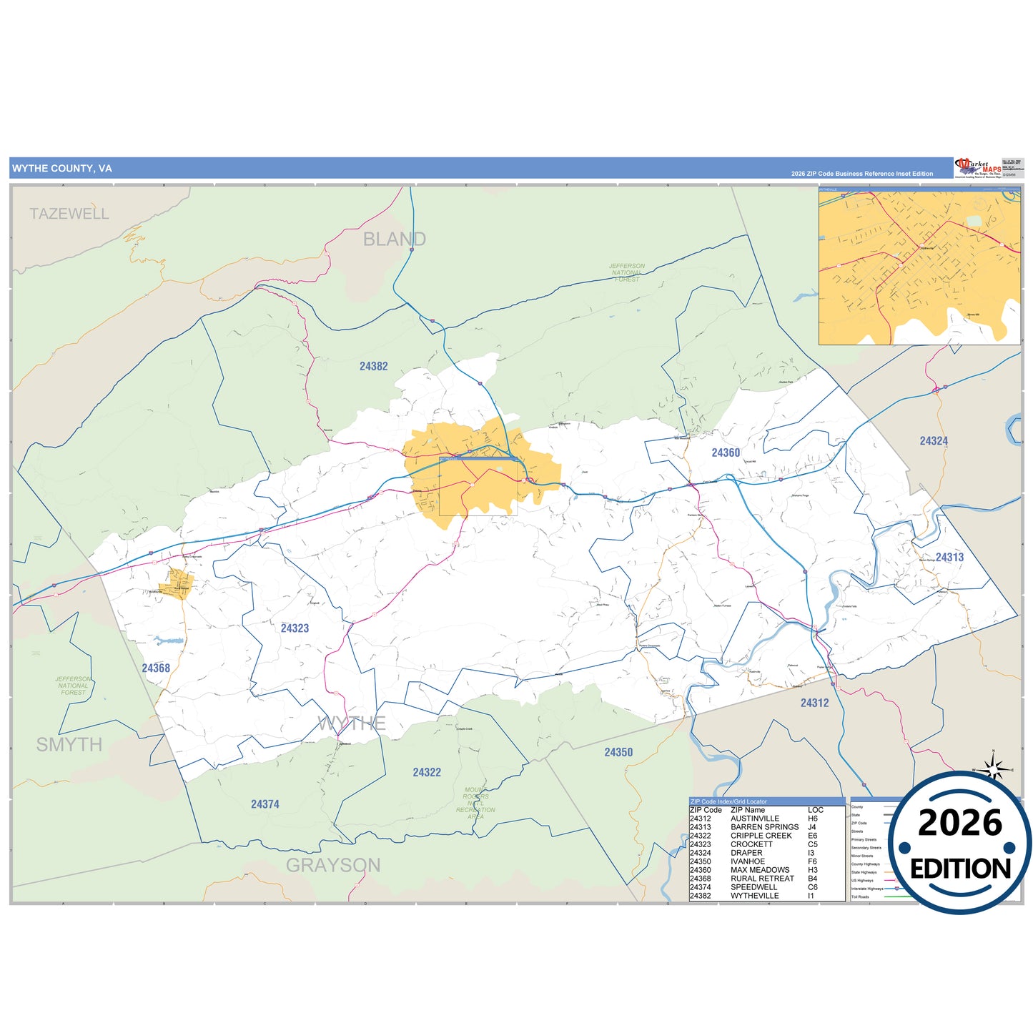 Wythe County, VA Business Reference 5 Digit ZIP Code Wall Map