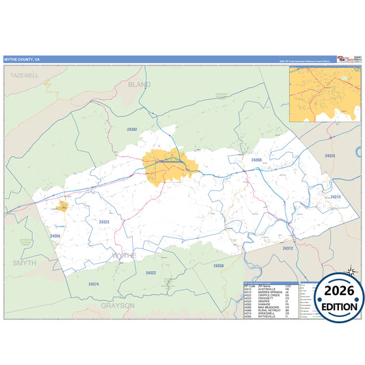 Wythe County, VA Business Reference 5 Digit ZIP Code Wall Map