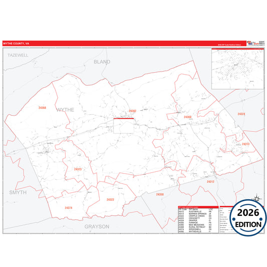Wythe County, VA Red Line 5 Digit ZIP Code Wall Map