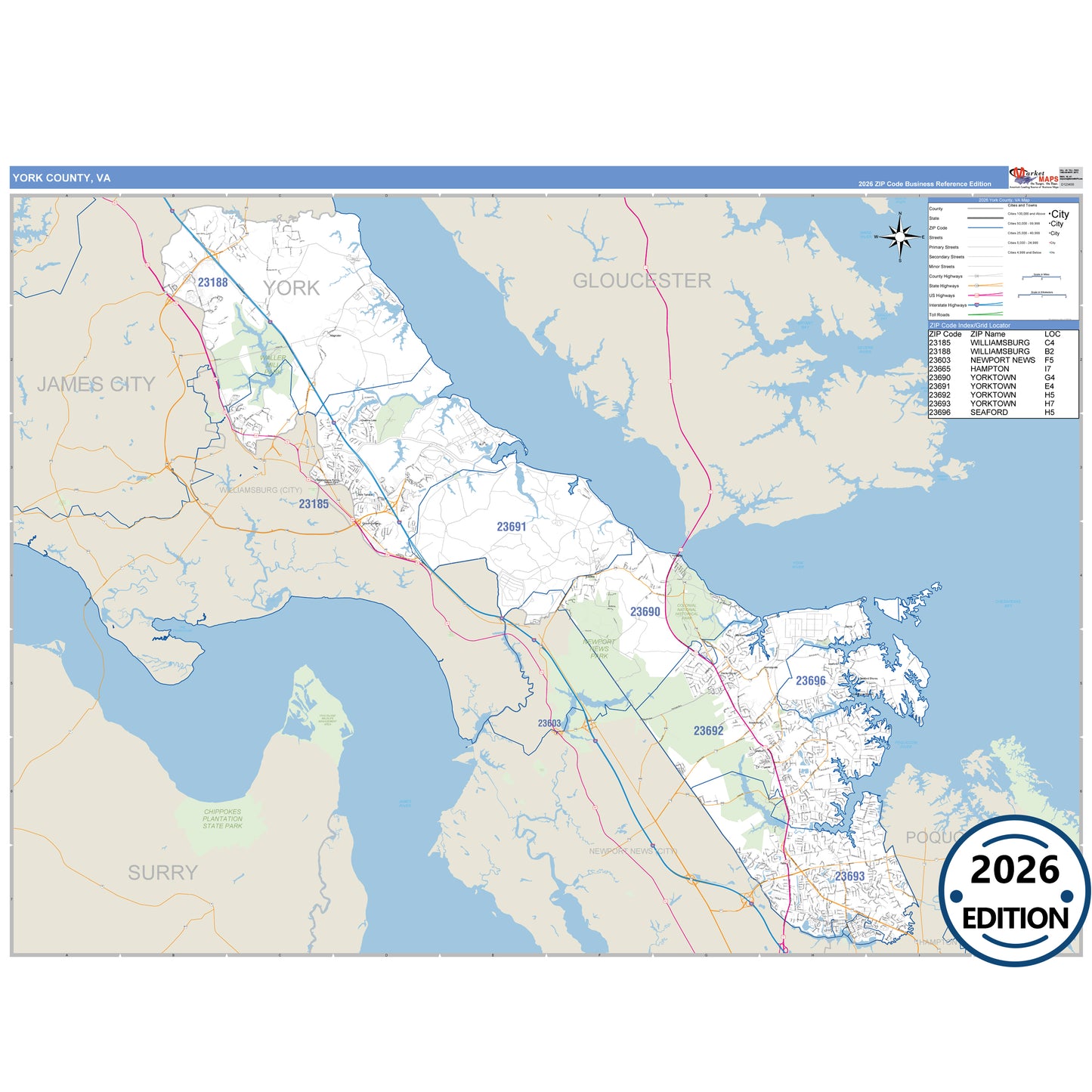 York County, VA Business Reference 5 Digit ZIP Code Wall Map