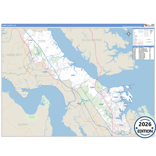 York County, VA Business Reference 5 Digit ZIP Code Wall Map