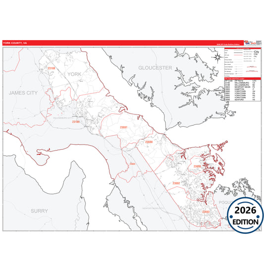 York County, VA Red Line 5 Digit ZIP Code Wall Map