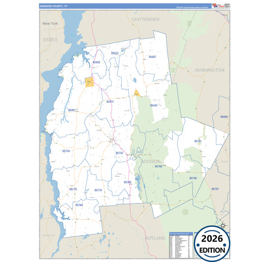 Addison County, VT Business Reference 5 Digit ZIP Code Wall Map