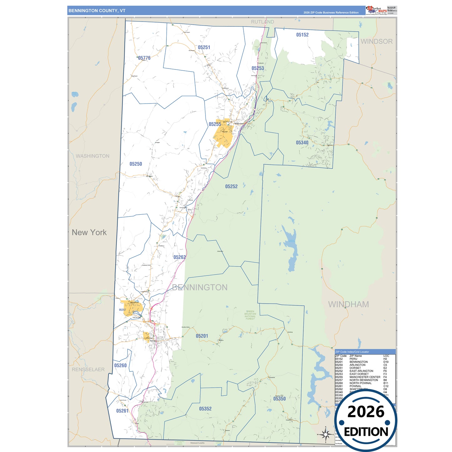 Bennington County, VT Business Reference 5 Digit ZIP Code Wall Map
