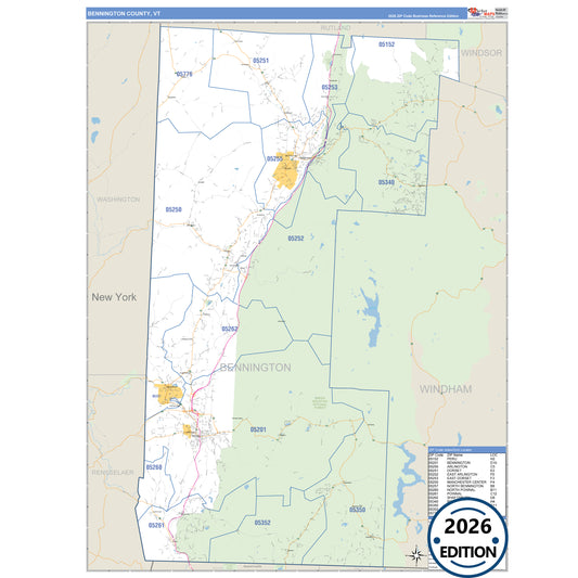 Bennington County, VT Business Reference 5 Digit ZIP Code Wall Map