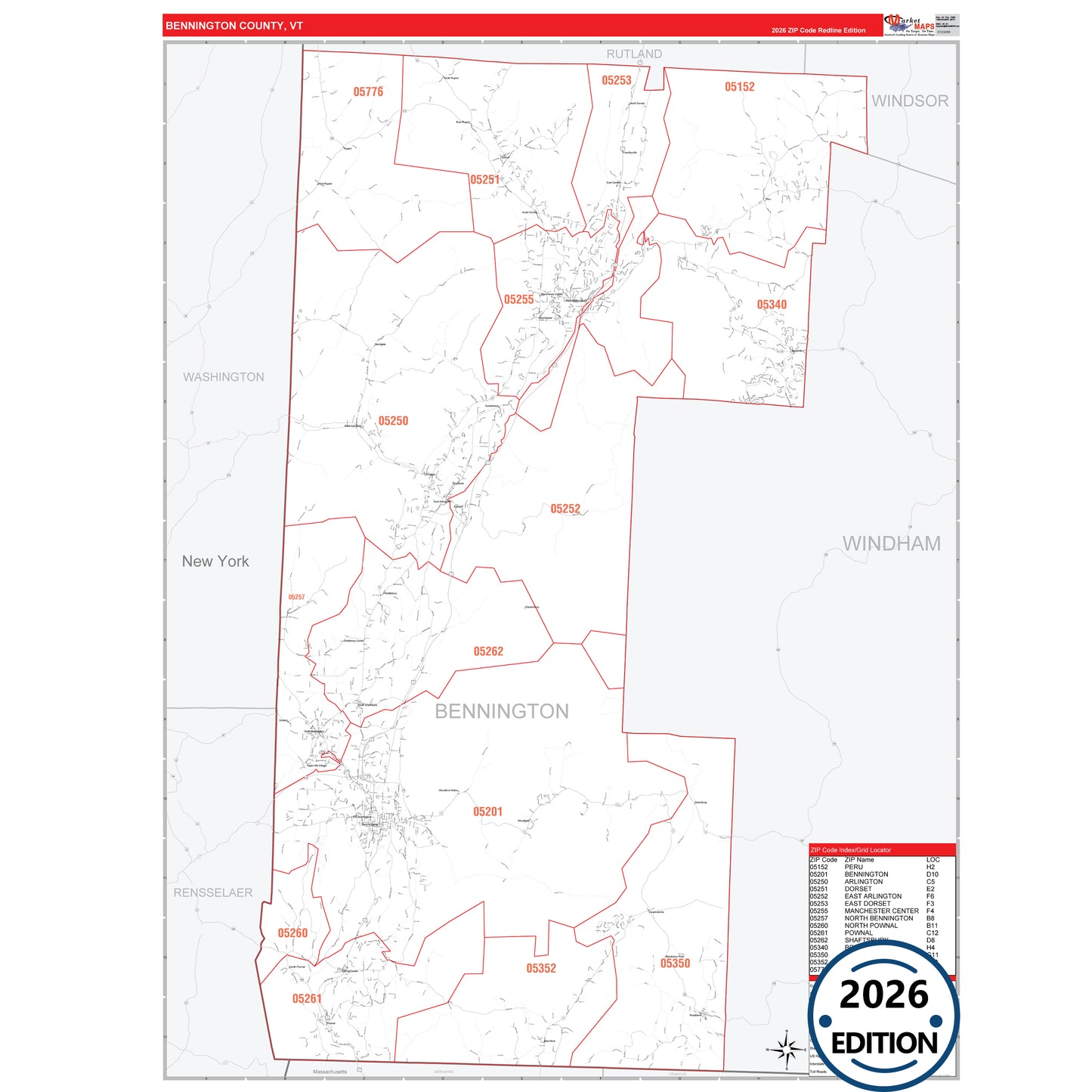Bennington County, VT Red Line 5 Digit ZIP Code Wall Map