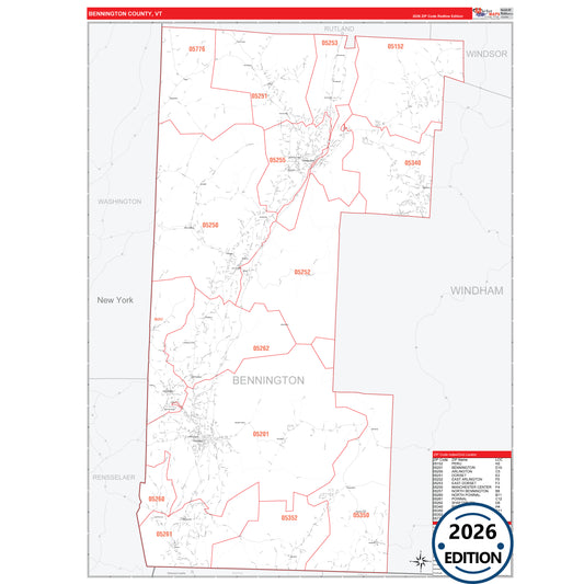 Bennington County, VT Red Line 5 Digit ZIP Code Wall Map