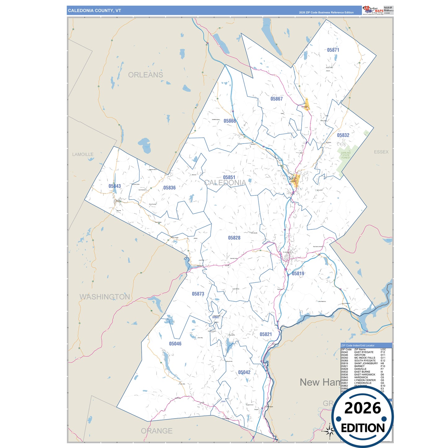 Caledonia County, VT Business Reference 5 Digit ZIP Code Wall Map