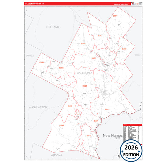 Caledonia County, VT Red Line 5 Digit ZIP Code Wall Map