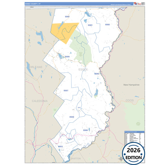 Essex County, VT Business Reference 5 Digit ZIP Code Wall Map