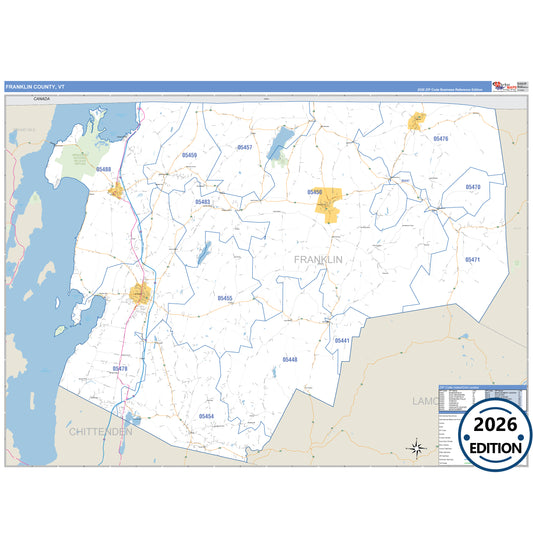 Franklin County, VT Business Reference 5 Digit ZIP Code Wall Map