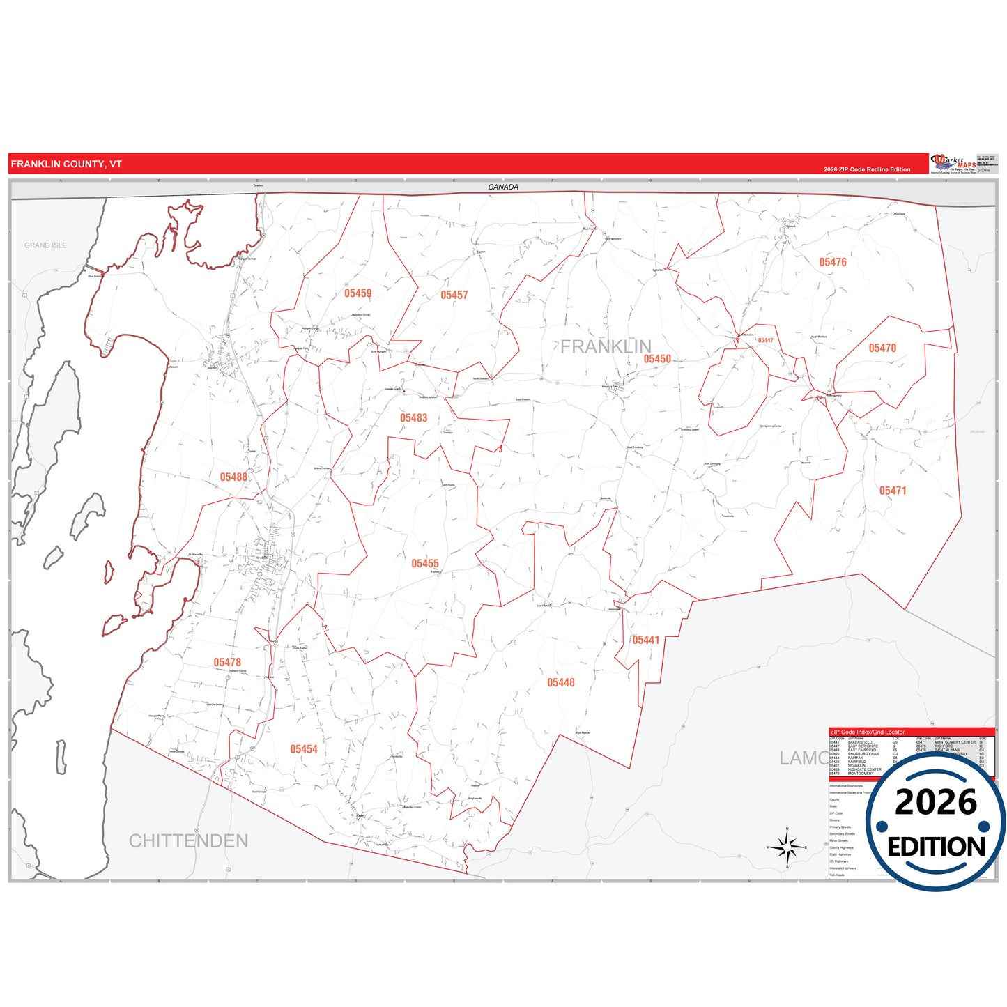 Franklin County, VT Red Line 5 Digit ZIP Code Wall Map