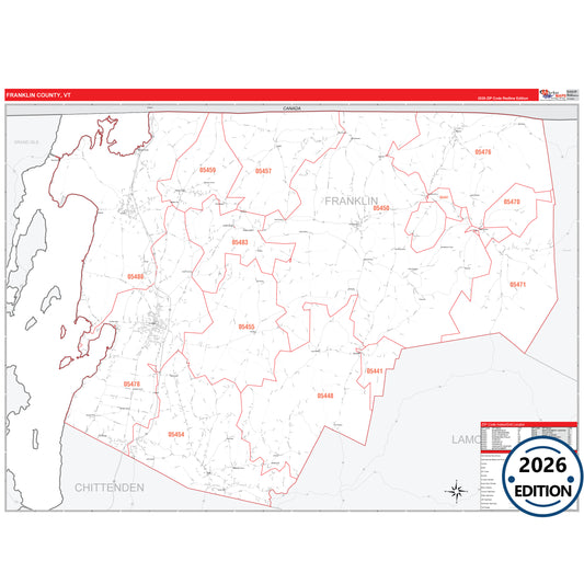 Franklin County, VT Red Line 5 Digit ZIP Code Wall Map