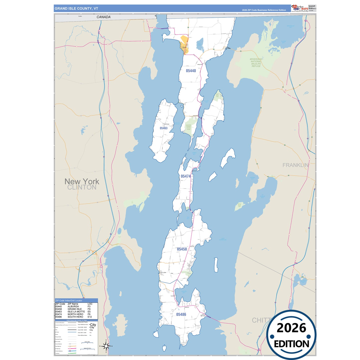 Grand Isle County, VT Business Reference 5 Digit ZIP Code Wall Map