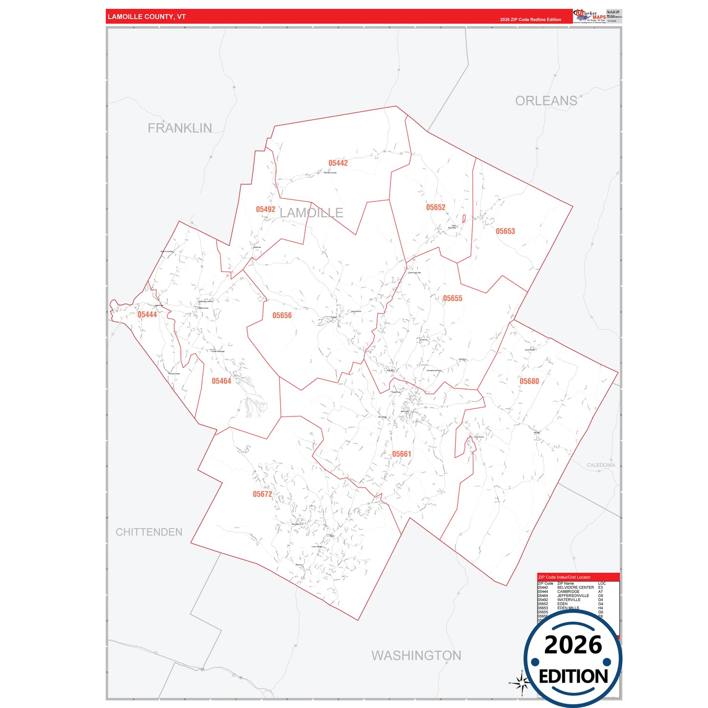 Lamoille County, VT Red Line 5 Digit ZIP Code Wall Map
