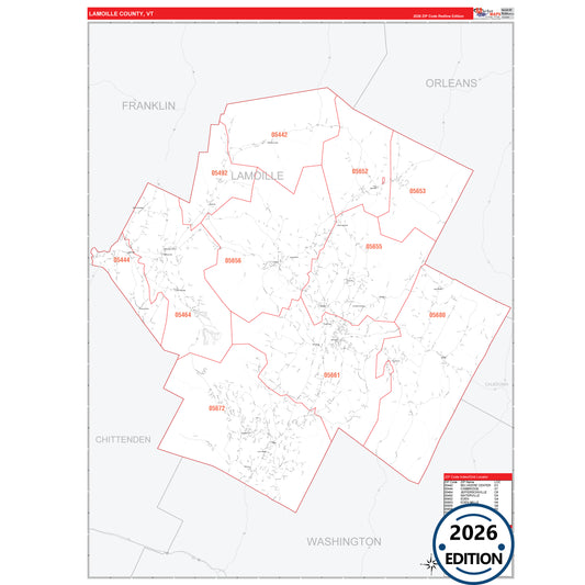 Lamoille County, VT Red Line 5 Digit ZIP Code Wall Map