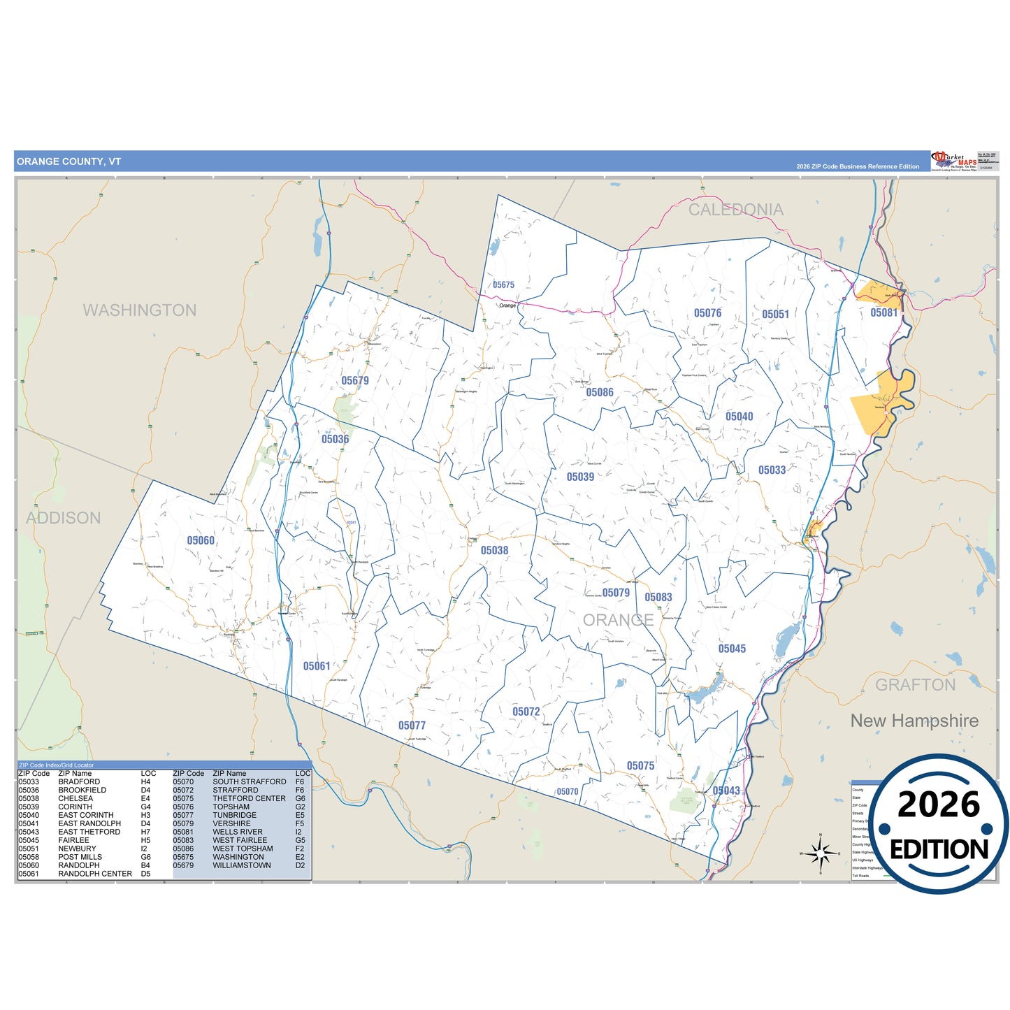 Orange County, VT Business Reference 5 Digit ZIP Code Wall Map