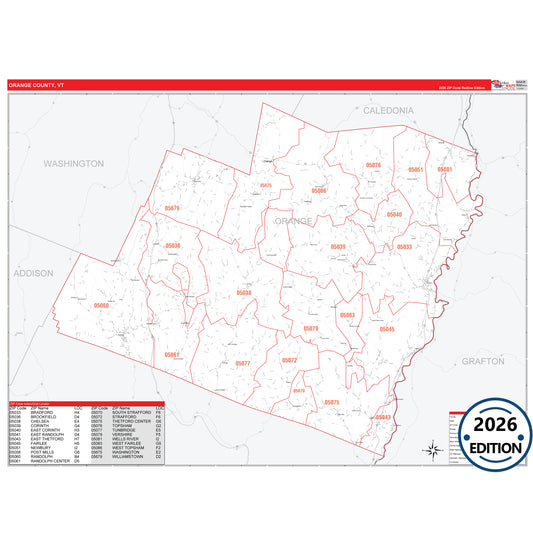 Orange County, VT Red Line 5 Digit ZIP Code Wall Map