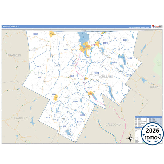 Orleans County, VT Business Reference 5 Digit ZIP Code Wall Map