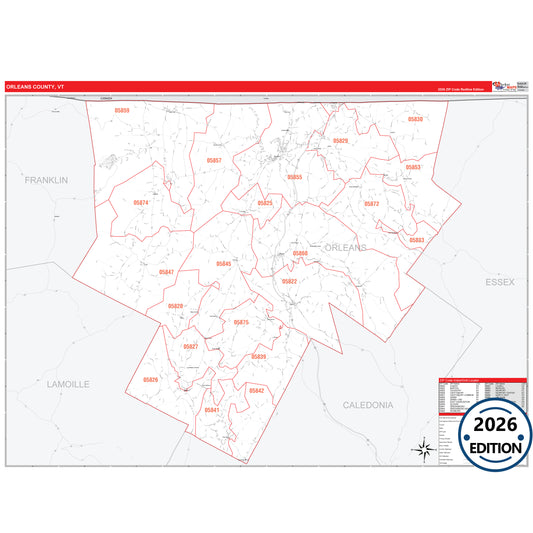Orleans County, VT Red Line 5 Digit ZIP Code Wall Map