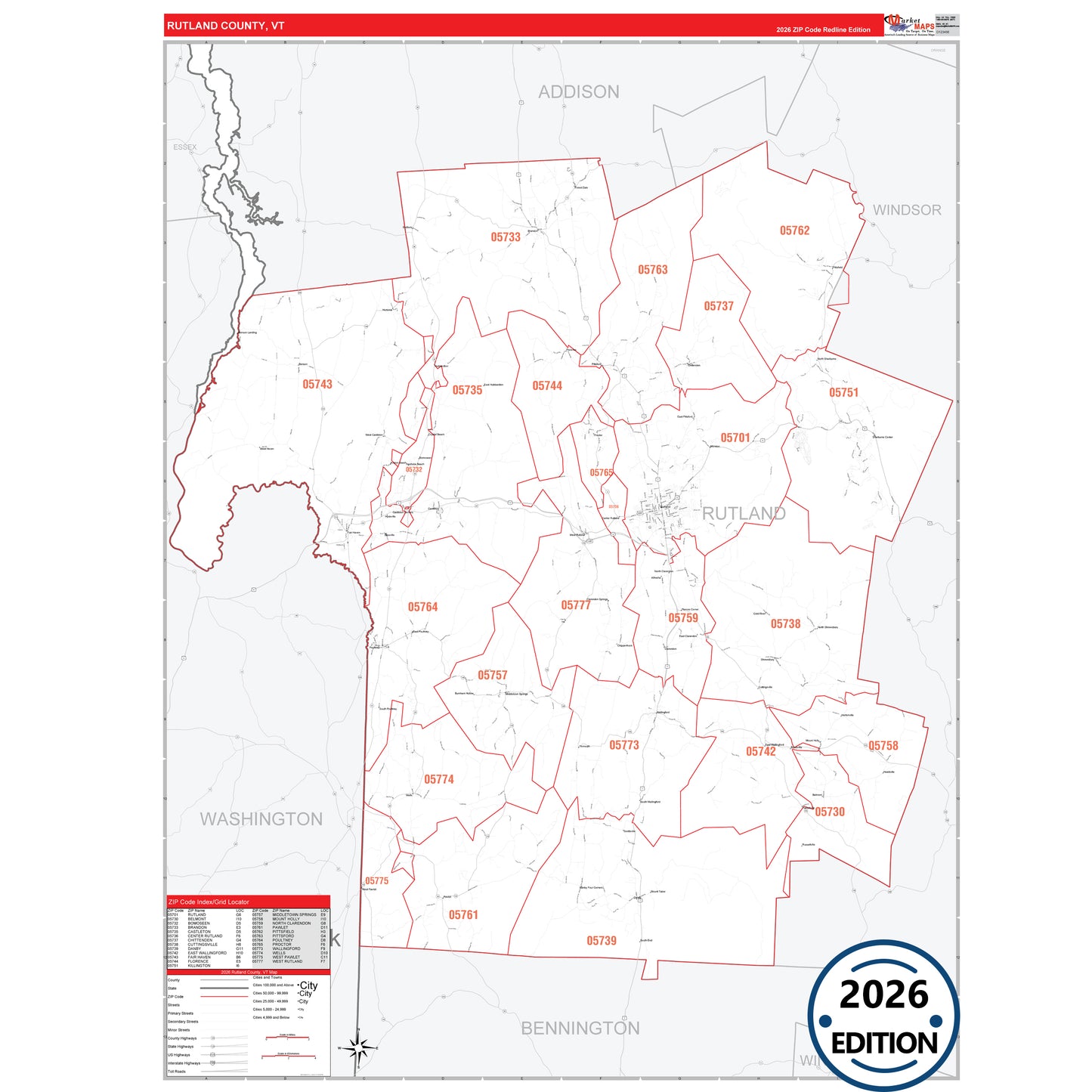 Rutland County, VT Red Line 5 Digit ZIP Code Wall Map