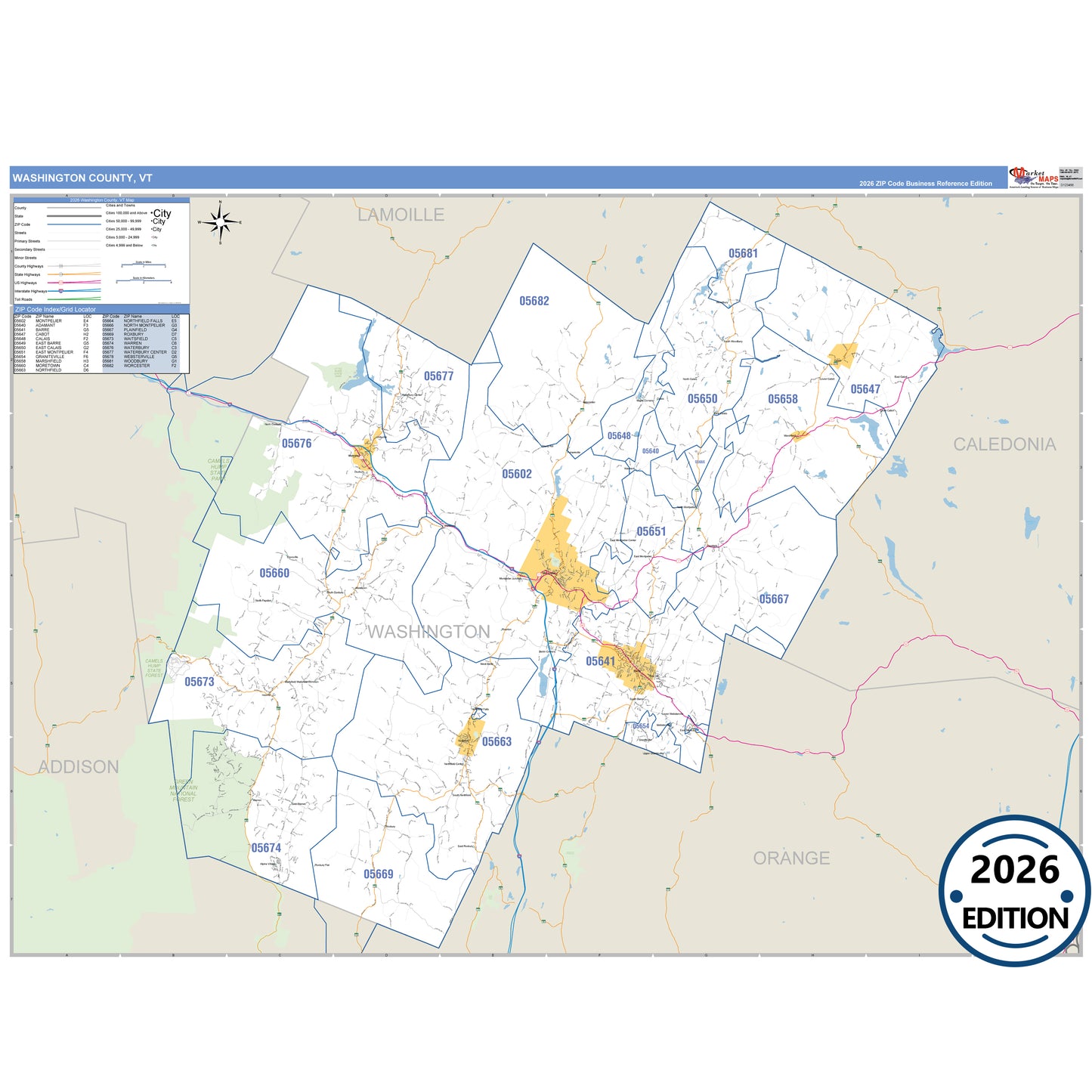 Washington County, VT Business Reference 5 Digit ZIP Code Wall Map