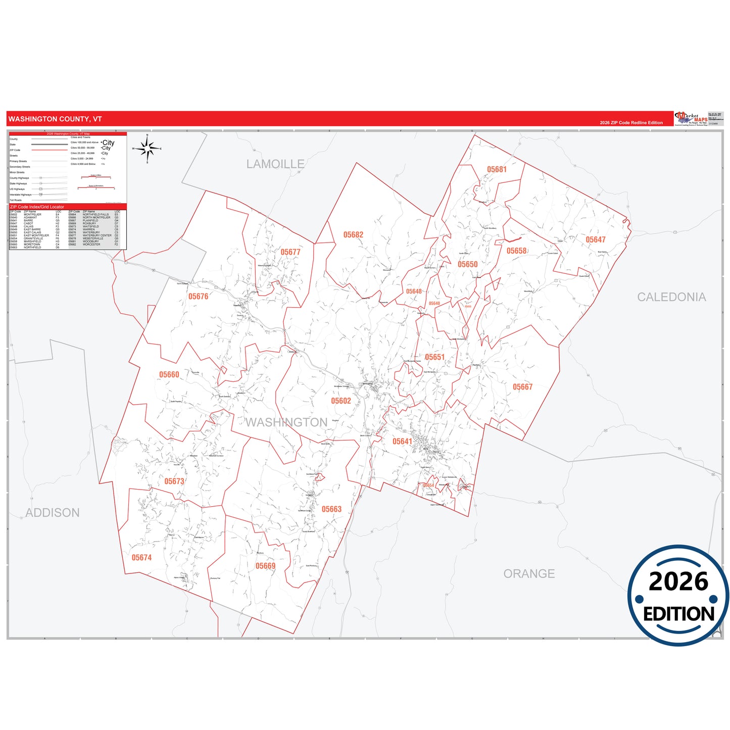Washington County, VT Red Line 5 Digit ZIP Code Wall Map