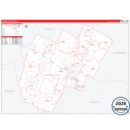 Washington County, VT Red Line 5 Digit ZIP Code Wall Map
