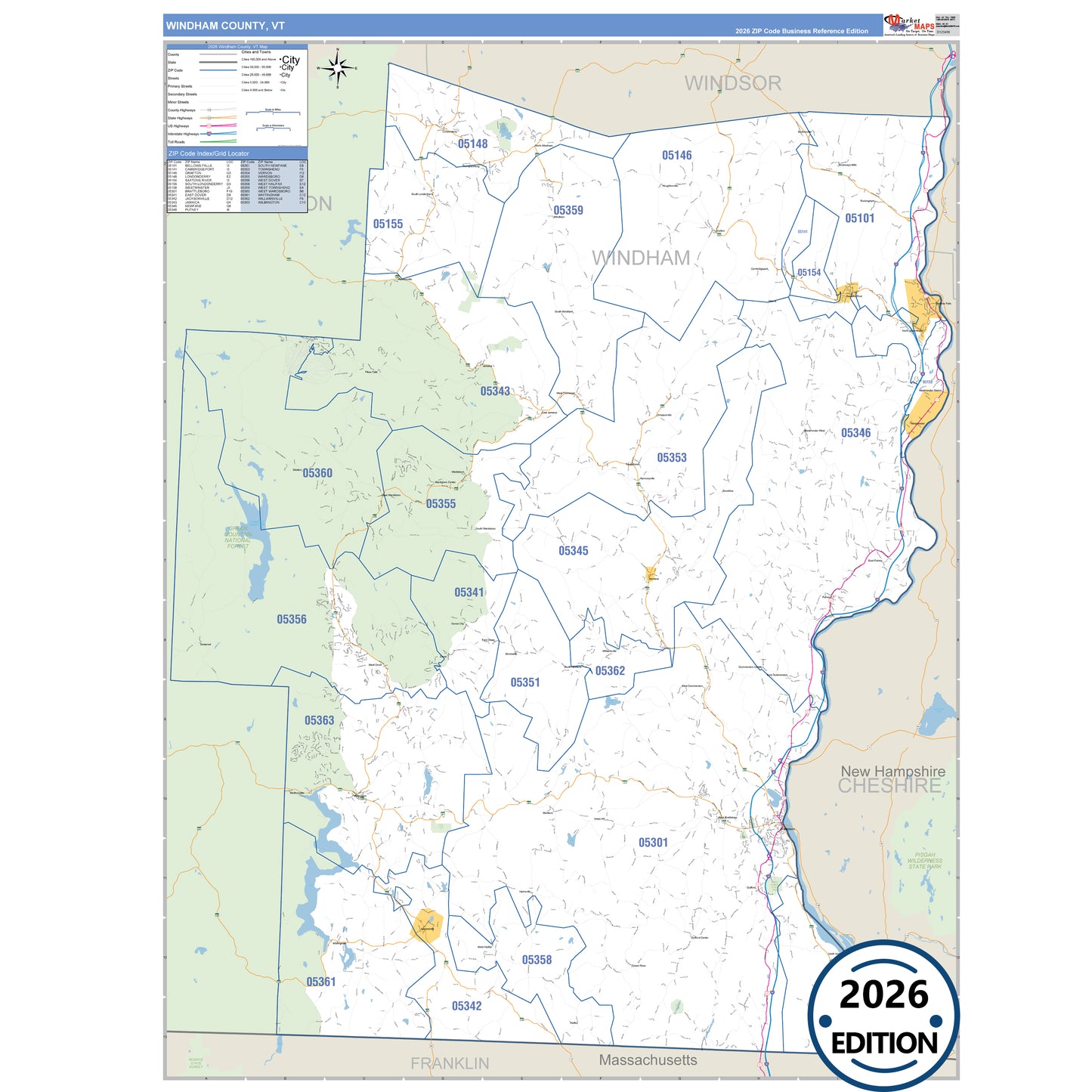 Windham County, VT Business Reference 5 Digit ZIP Code Wall Map