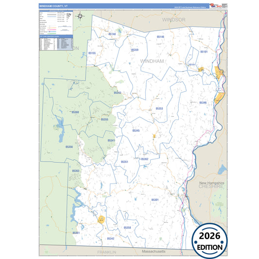 Windham County, VT Business Reference 5 Digit ZIP Code Wall Map
