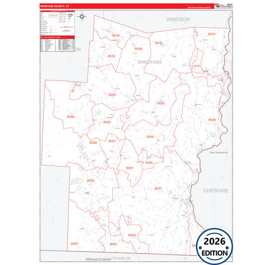 Windham County, VT Red Line 5 Digit ZIP Code Wall Map