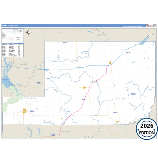 Adams County, WA Business Reference 5 Digit ZIP Code Wall Map