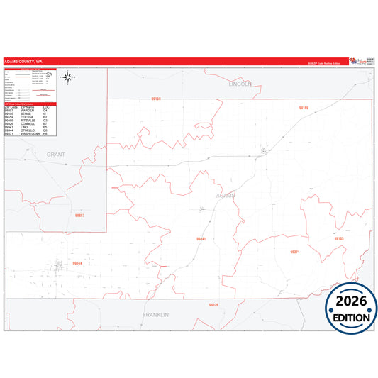 Adams County, WA Red Line 5 Digit ZIP Code Wall Map