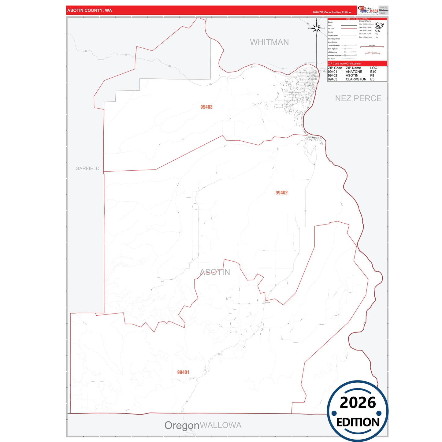Asotin County, WA Red Line 5 Digit ZIP Code Wall Map