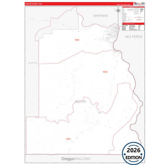 Asotin County, WA Red Line 5 Digit ZIP Code Wall Map