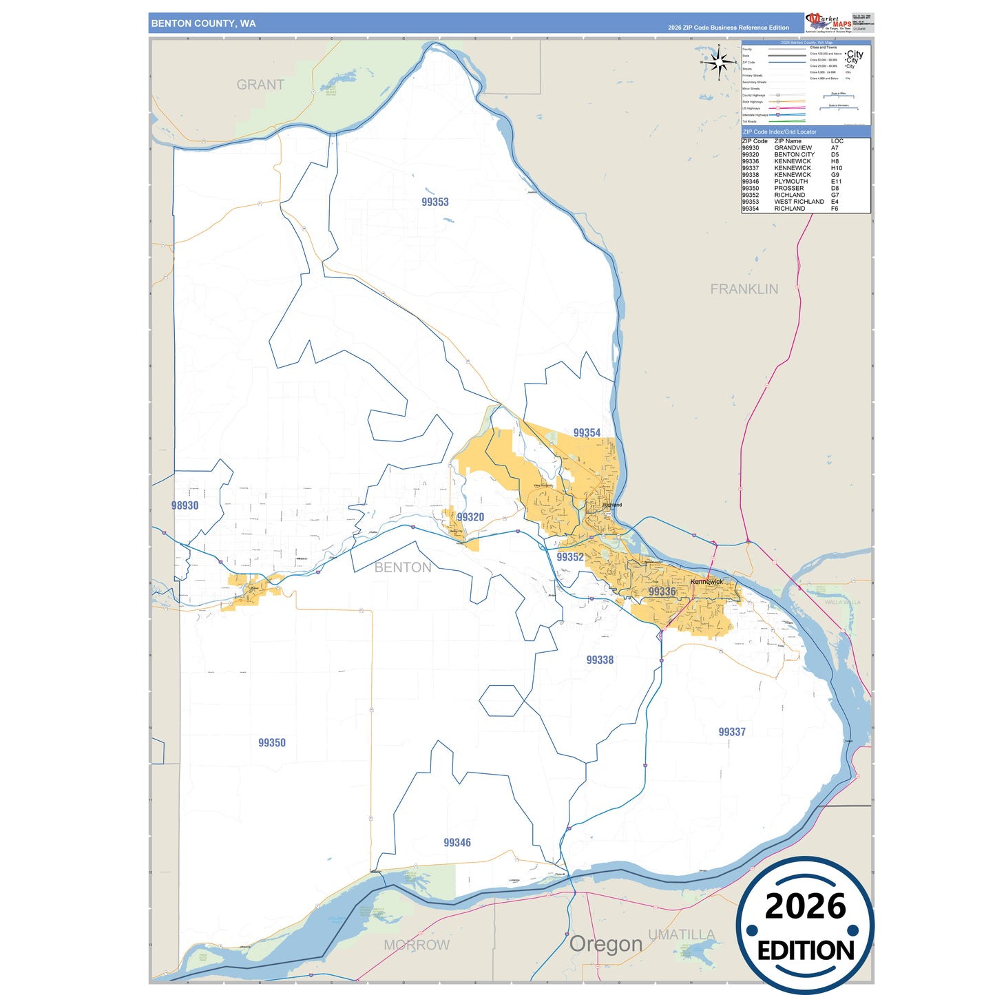 Benton County, WA Business Reference 5 Digit ZIP Code Wall Map