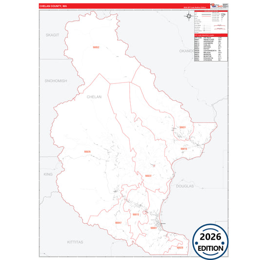 Chelan County, WA Red Line 5 Digit ZIP Code Wall Map