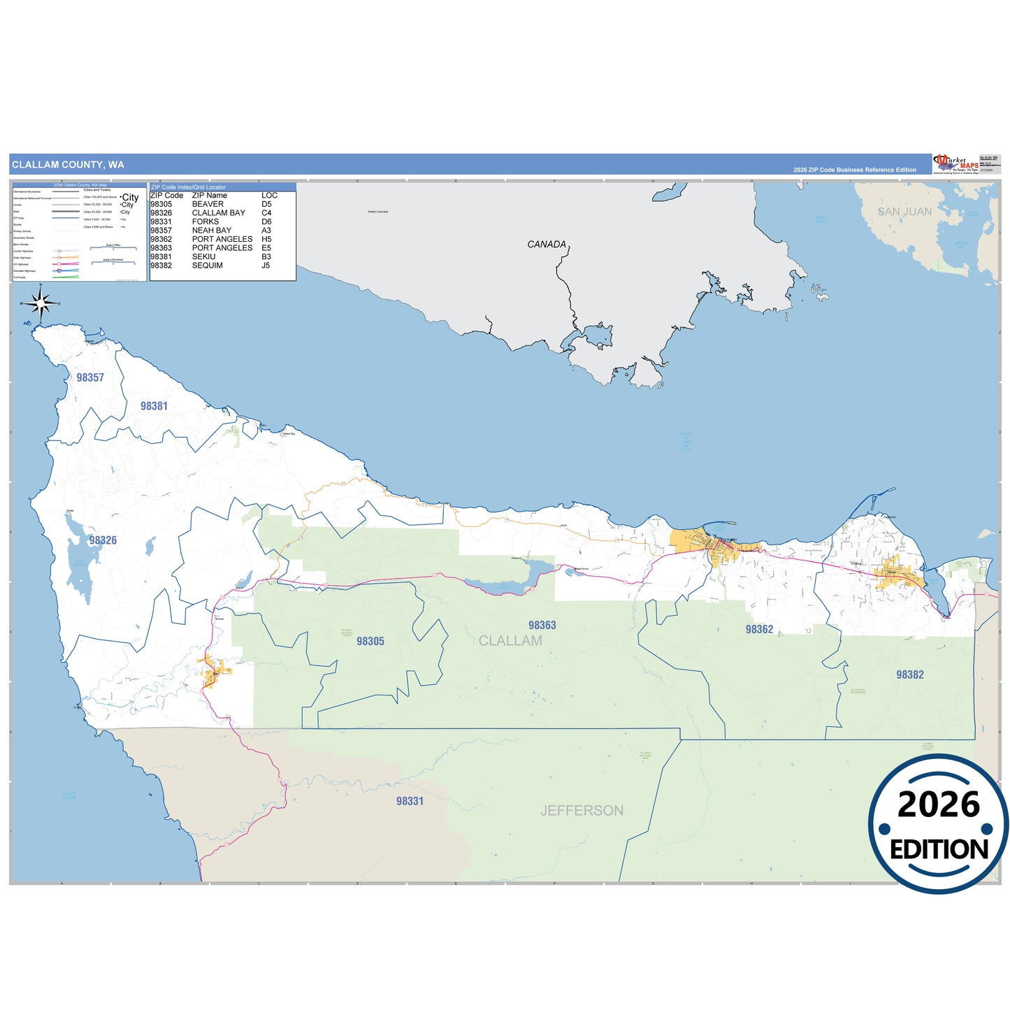 Clallam County, WA Business Reference 5 Digit ZIP Code Wall Map