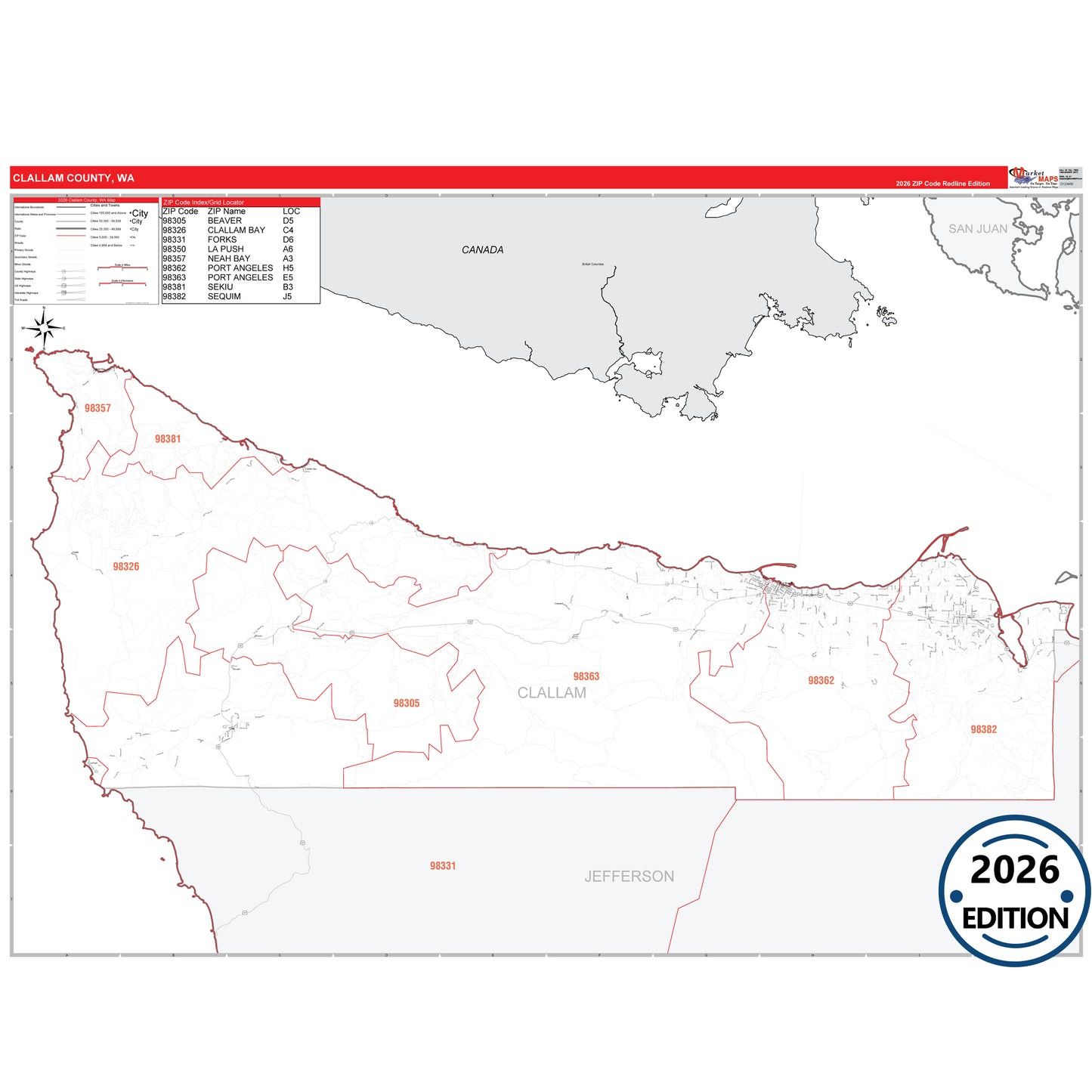 Clallam County, WA Red Line 5 Digit ZIP Code Wall Map