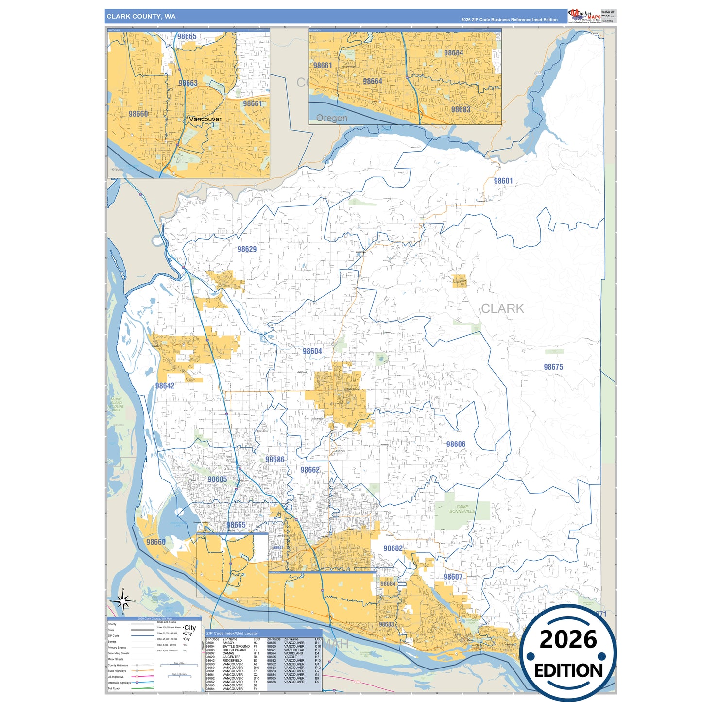 Clark County, WA Business Reference 5 Digit ZIP Code Wall Map