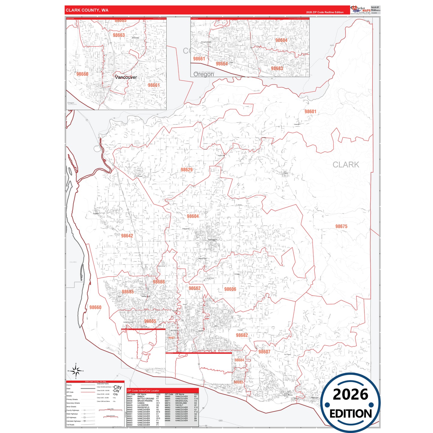 Clark County, WA Red Line 5 Digit ZIP Code Wall Map