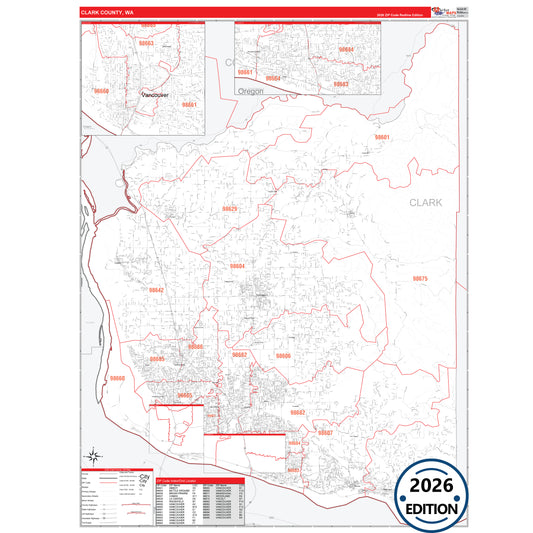 Clark County, WA Red Line 5 Digit ZIP Code Wall Map