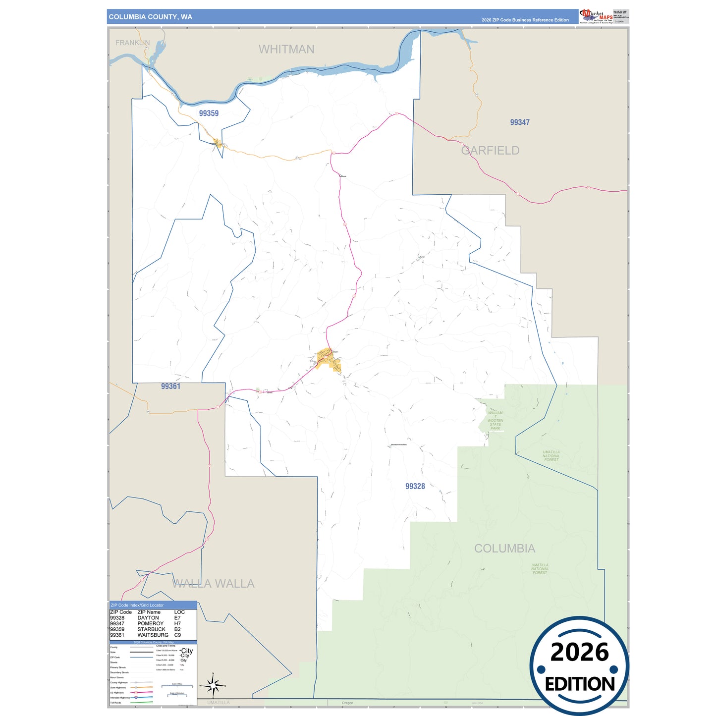 Columbia County, WA Business Reference 5 Digit ZIP Code Wall Map
