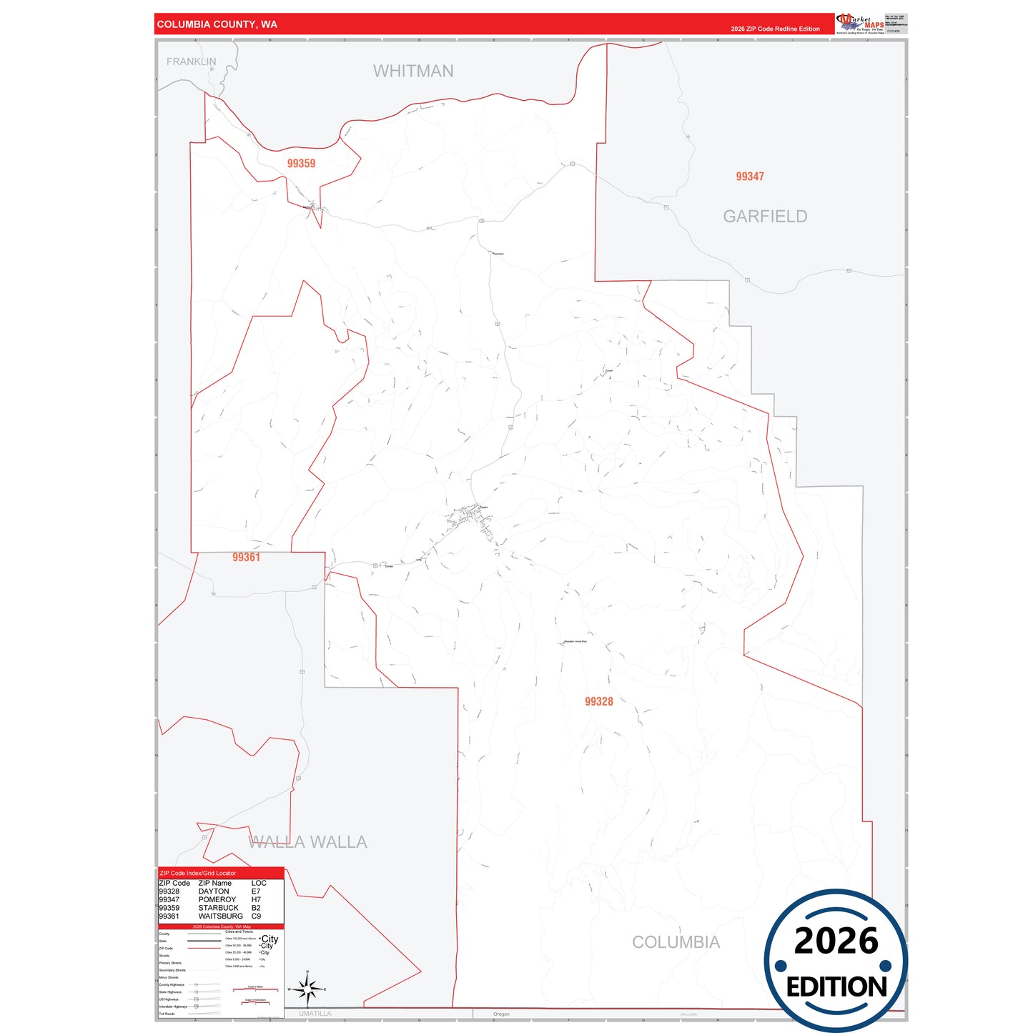 Columbia County, WA Red Line 5 Digit ZIP Code Wall Map