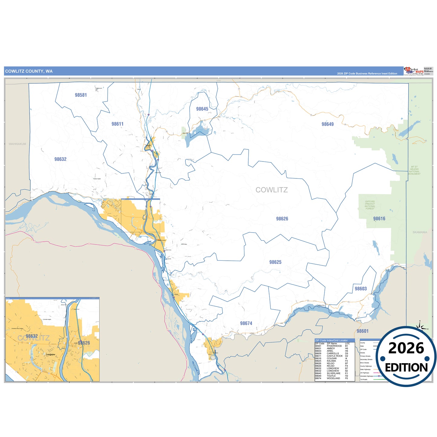 Cowlitz County, WA Business Reference 5 Digit ZIP Code Wall Map