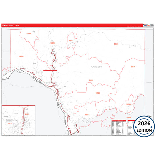 Cowlitz County, WA Red Line 5 Digit ZIP Code Wall Map