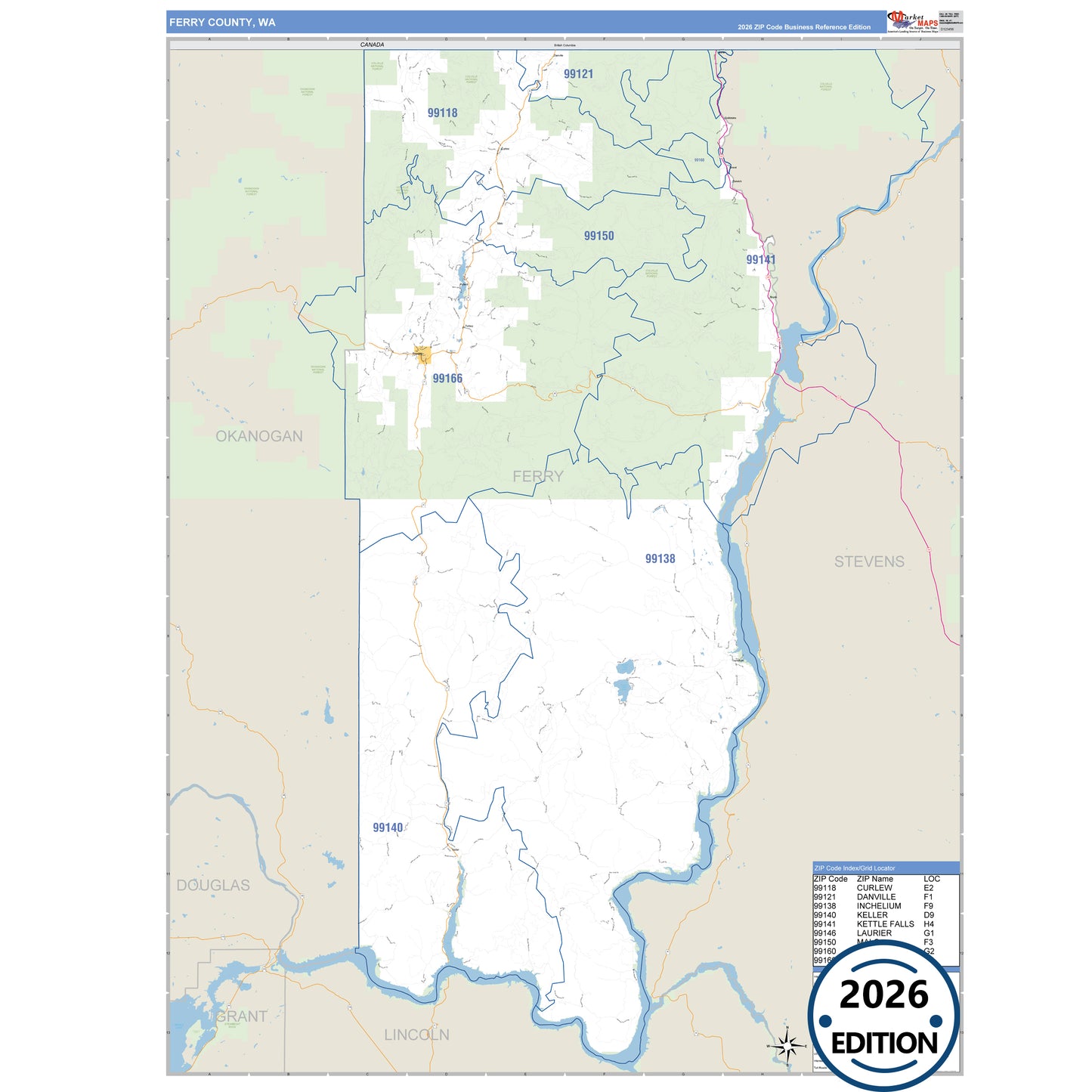 Ferry County, WA Business Reference 5 Digit ZIP Code Wall Map