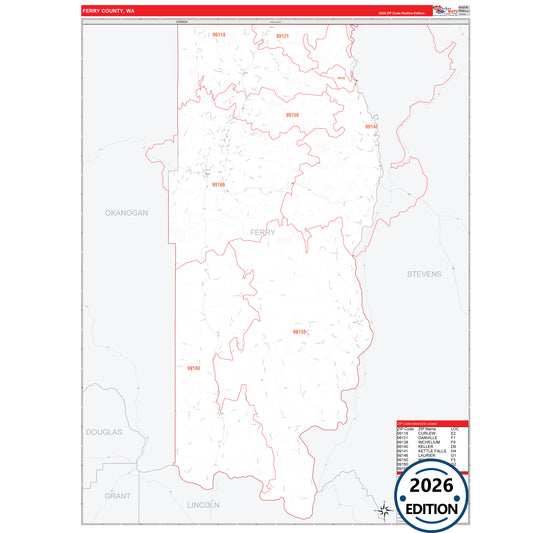 Ferry County, WA Red Line 5 Digit ZIP Code Wall Map