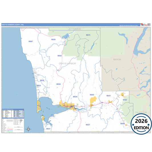 Grays Harbor County, WA Business Reference 5 Digit ZIP Code Wall Map