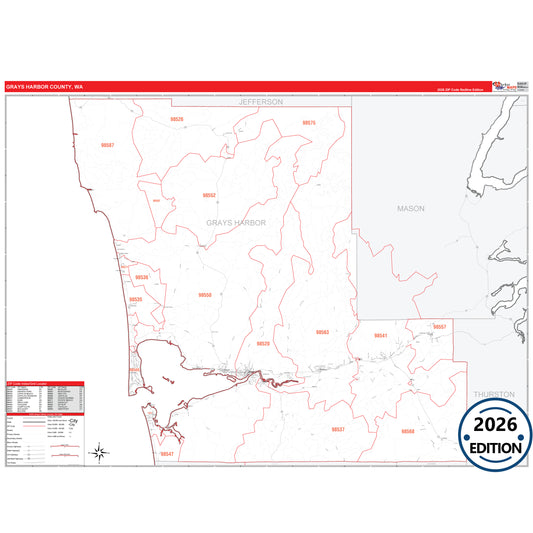 Grays Harbor County, WA Red Line 5 Digit ZIP Code Wall Map